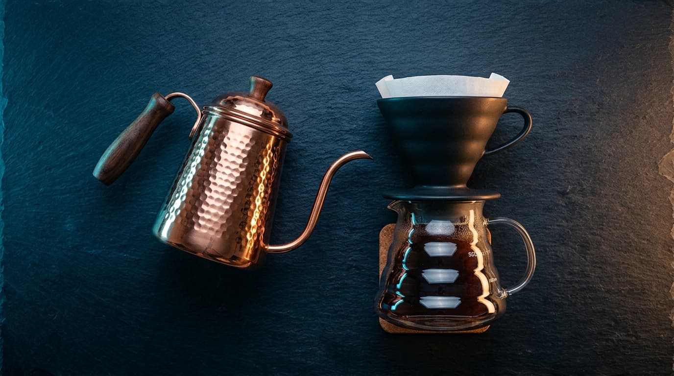 AI-generated product photography flat lay of a copper gooseneck pour-over kettle and ceramic coffee dripper, demonstrating professional product photo quality used in Shopify A/B testing