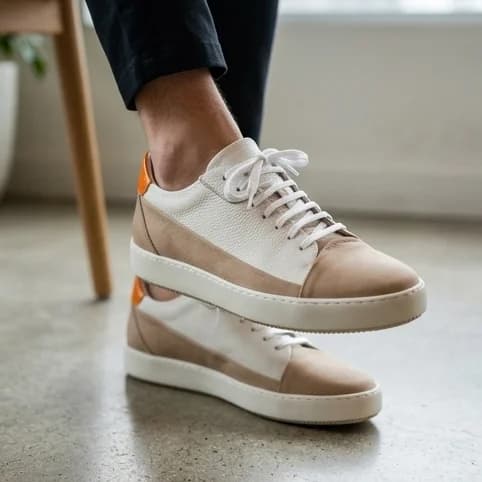 AI-generated lifestyle photo of designer sneakers used to demonstrate A/B testing product photos on Shopify