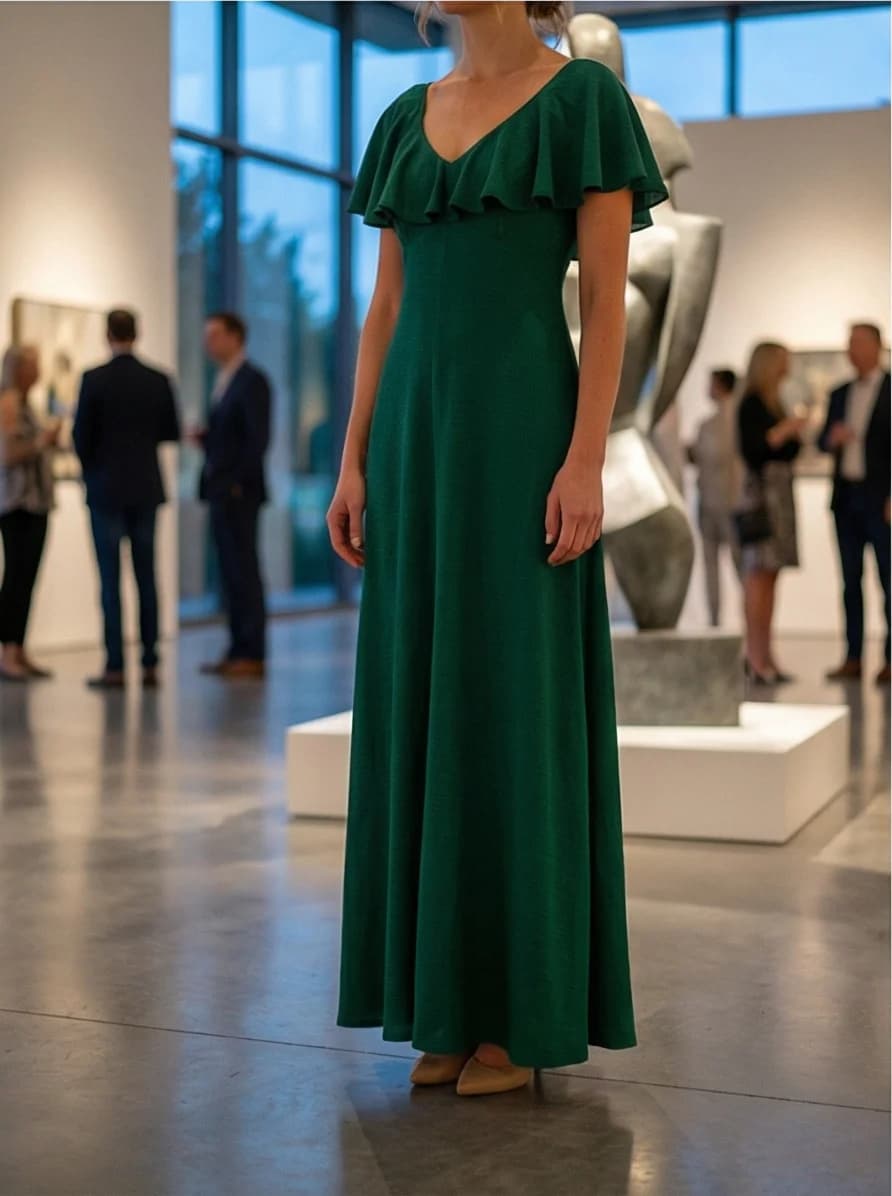AI-generated lifestyle photo of a green dress in an elegant setting