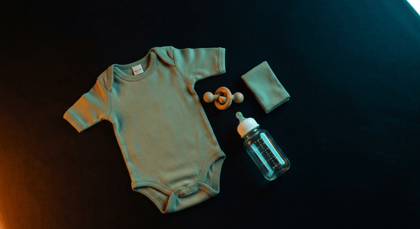 AI-generated editorial lifestyle flat-lay of premium baby products — a sage green organic cotton onesie, wooden rattle toy, and glass baby bottle — on a dark midnight-blue velvet surface with warm amber and cyan accent studio lighting