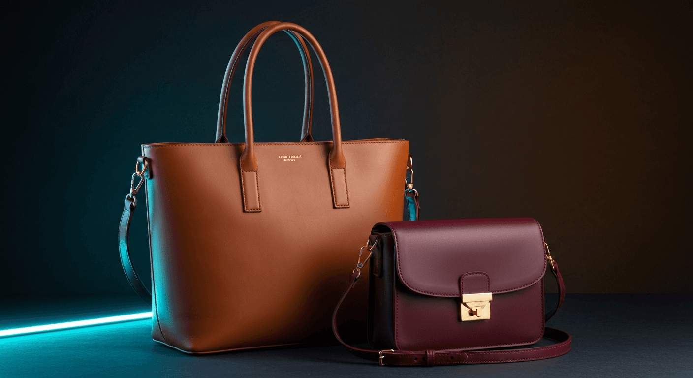Premium structured cognac leather tote bag and deep burgundy genuine leather crossbody bag with gold hardware flat lay on dark midnight-navy brushed stone surface with cool cyan rim lighting and warm amber fill, studio ecommerce product photography hero shot