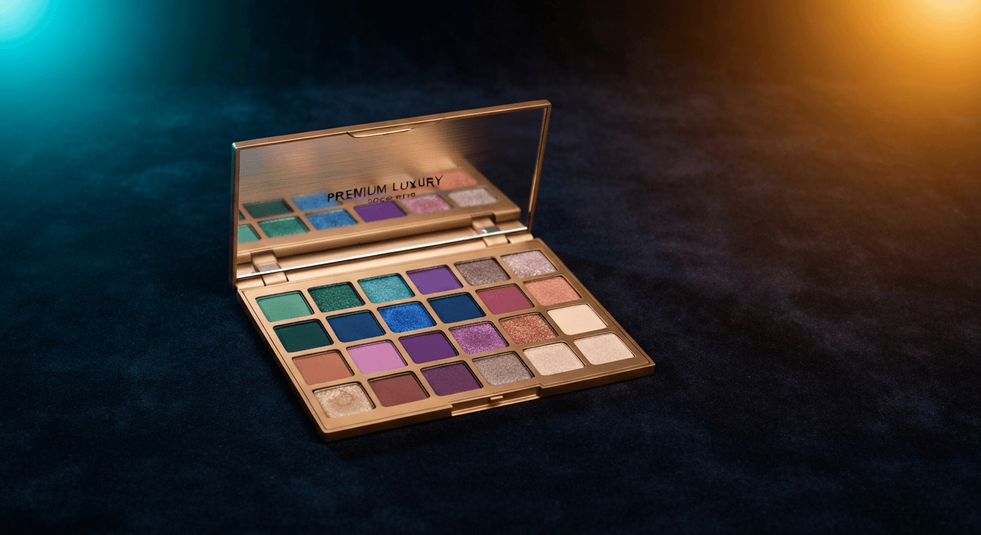 Premium luxury 12-pan eyeshadow palette with jewel-tone shades arranged on dark midnight-navy velvet with soft professional lighting