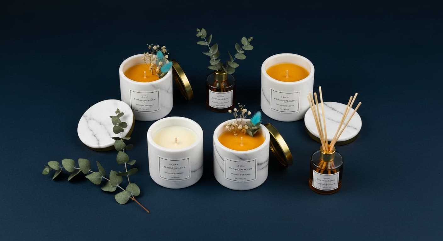 AI-generated editorial lifestyle flat-lay of luxury soy jar candles with dried botanical sprigs and a reed diffuser on a dark midnight surface with warm amber glow and cyan accent studio lighting