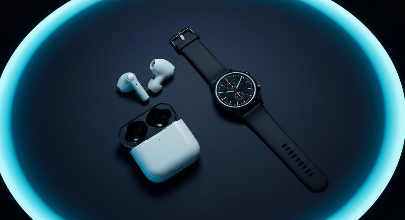 AI-generated editorial product photography flat-lay of premium wireless earbuds and a smartwatch on a dark midnight surface with cyan and chartreuse accent studio lighting