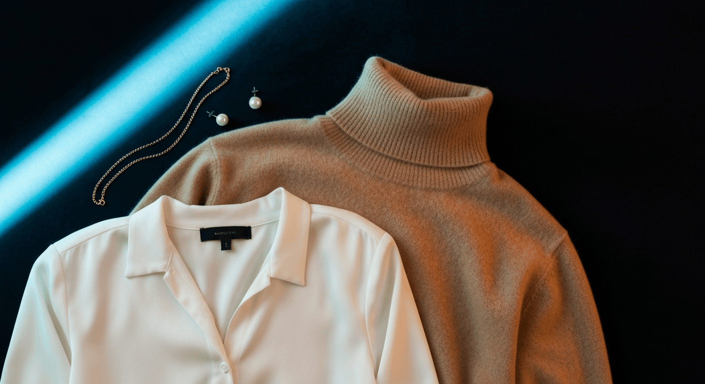 Premium women's ivory silk blouse and camel cashmere turtleneck sweater elegant product flat lay with minimalist gold chain necklace and pearl stud earrings on dark midnight-navy velvet surface, ecommerce fashion product photography hero shot