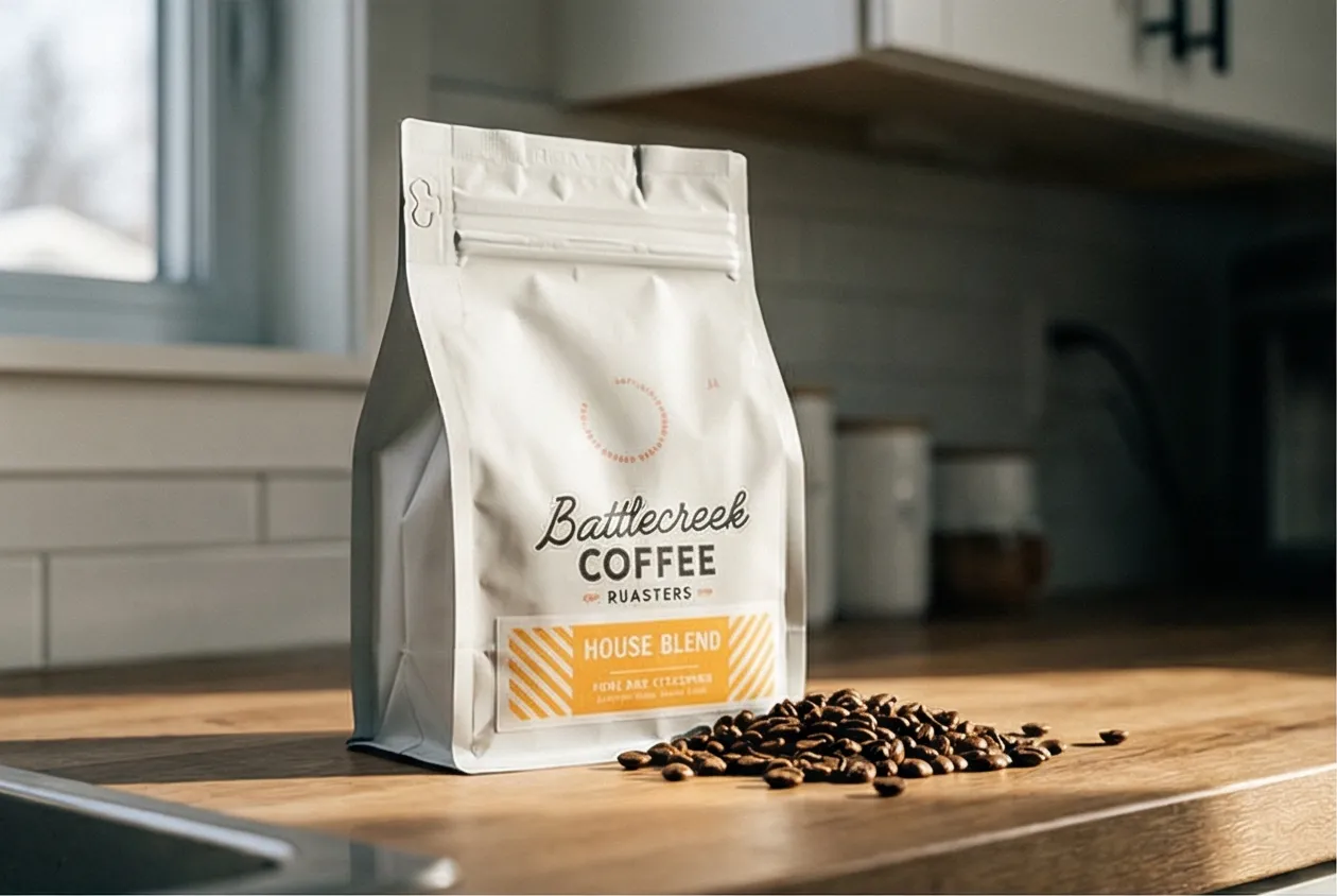 AI-generated lifestyle photo of an artisan coffee bag in a warm kitchen setting
