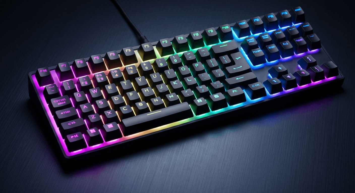 Premium mechanical gaming keyboard with vivid per-key RGB rainbow illumination alongside wireless gaming headset on dark midnight-navy brushed aluminum surface with magenta-purple rim lighting and electric blue accent fill, studio ecommerce product photography hero shot