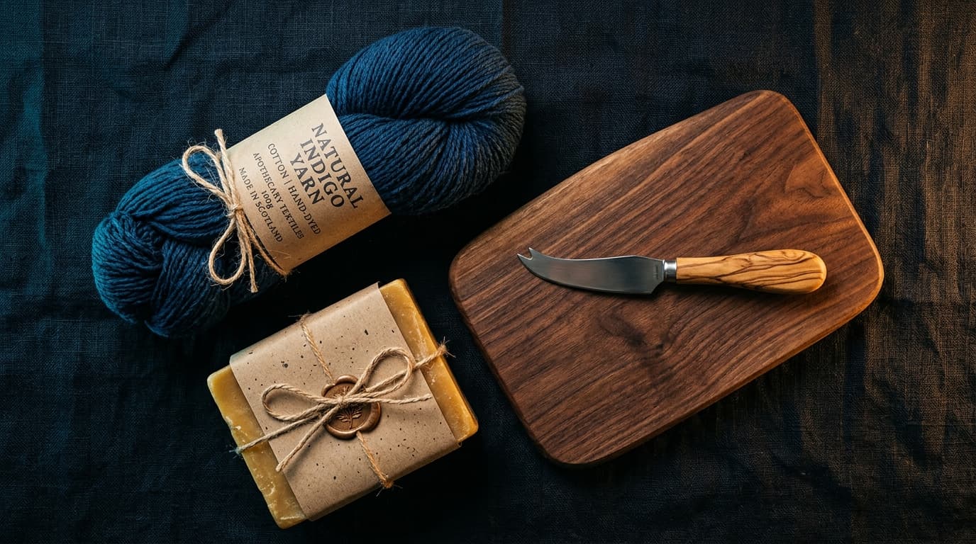Natural hand-dyed indigo cotton yarn skein, rustic beeswax block in kraft paper, and hand-carved walnut serving board on dark midnight-navy linen with warm amber fill and cool cyan rim lighting