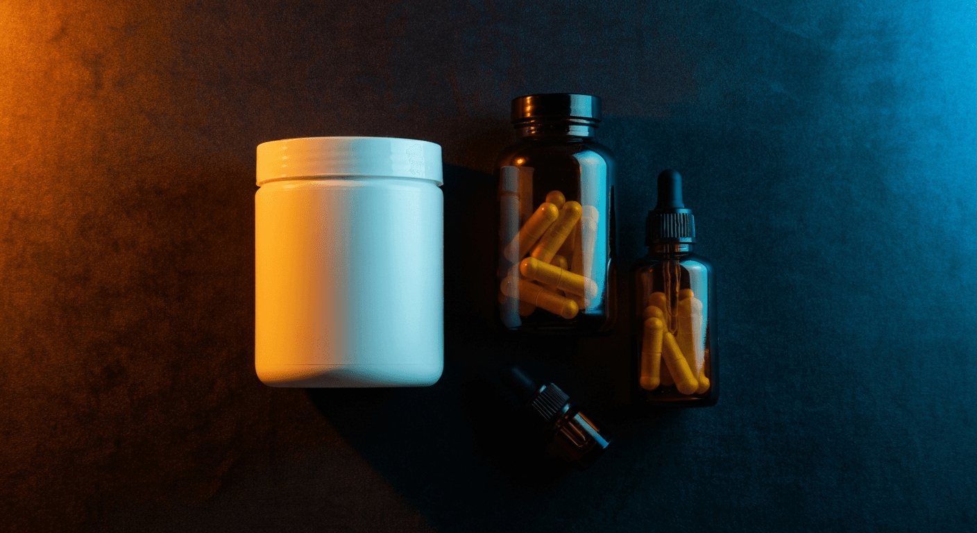 AI-generated editorial flat-lay of premium health and wellness products — a white protein powder jar, amber glass vitamin bottles, and a dark essential oil dropper — on a midnight-navy velvet surface with warm amber and cyan accent studio lighting