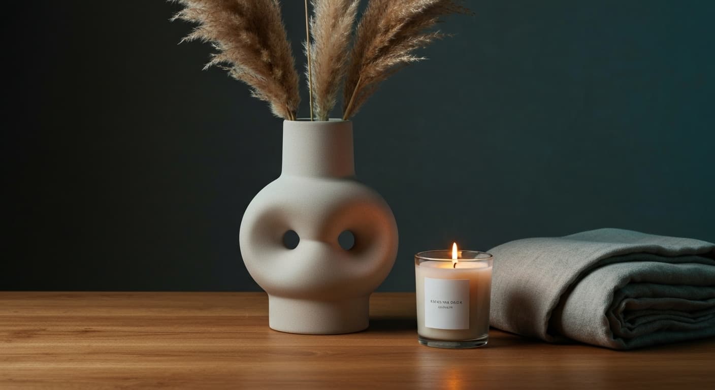 AI-generated editorial lifestyle photo of modern home decor items — ceramic vase with dried pampas grass, a soy candle, and a linen throw on a warm oak surface with dark moody studio lighting and cyan accents