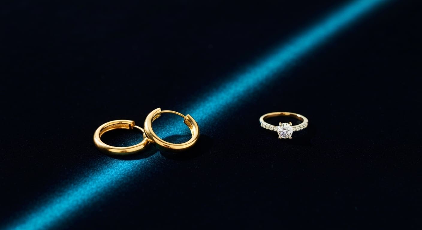 AI-generated lifestyle product photo of gold earrings and a diamond ring arranged on dark navy velvet with soft studio lighting