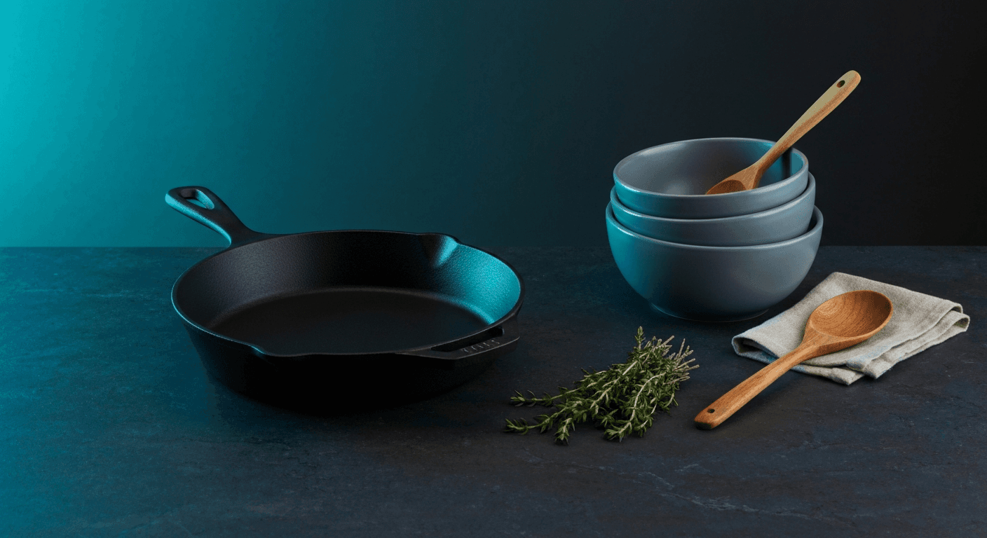 Premium matte black cast iron skillet and slate-grey ceramic mixing bowls on dark midnight-navy honed stone countertop with fresh thyme, wooden spoon, and linen napkin — cool cyan rim lighting and warm amber fill, studio product photography