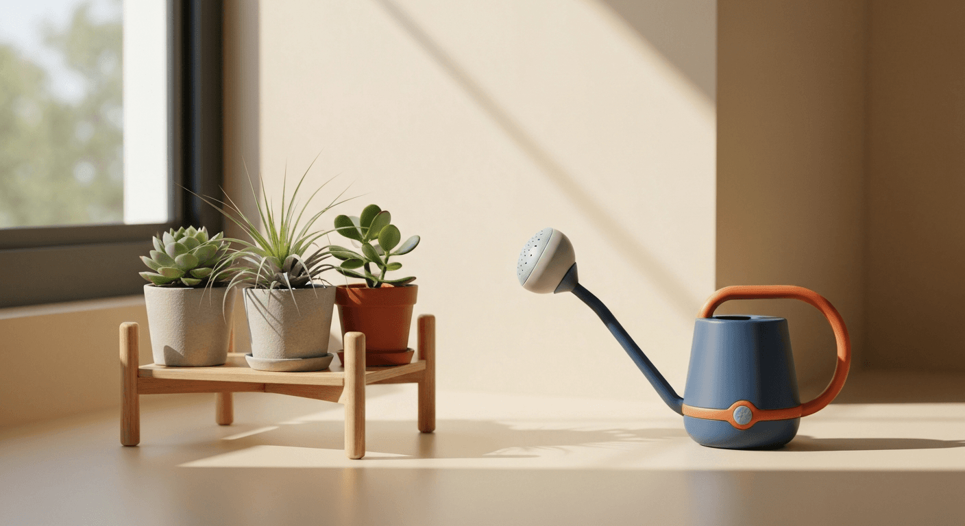 AI-generated editorial flat-lay of premium terracotta planters with succulents, a brushed-steel garden trowel, and dried botanical sprigs on a dark midnight velvet surface with warm amber and cyan accent studio lighting
