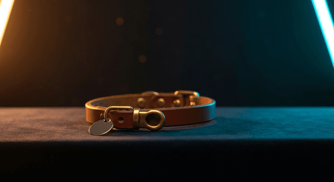 AI-generated editorial lifestyle photo of a premium leather dog collar with brass hardware on dark navy velvet with warm amber and cyan accent lighting