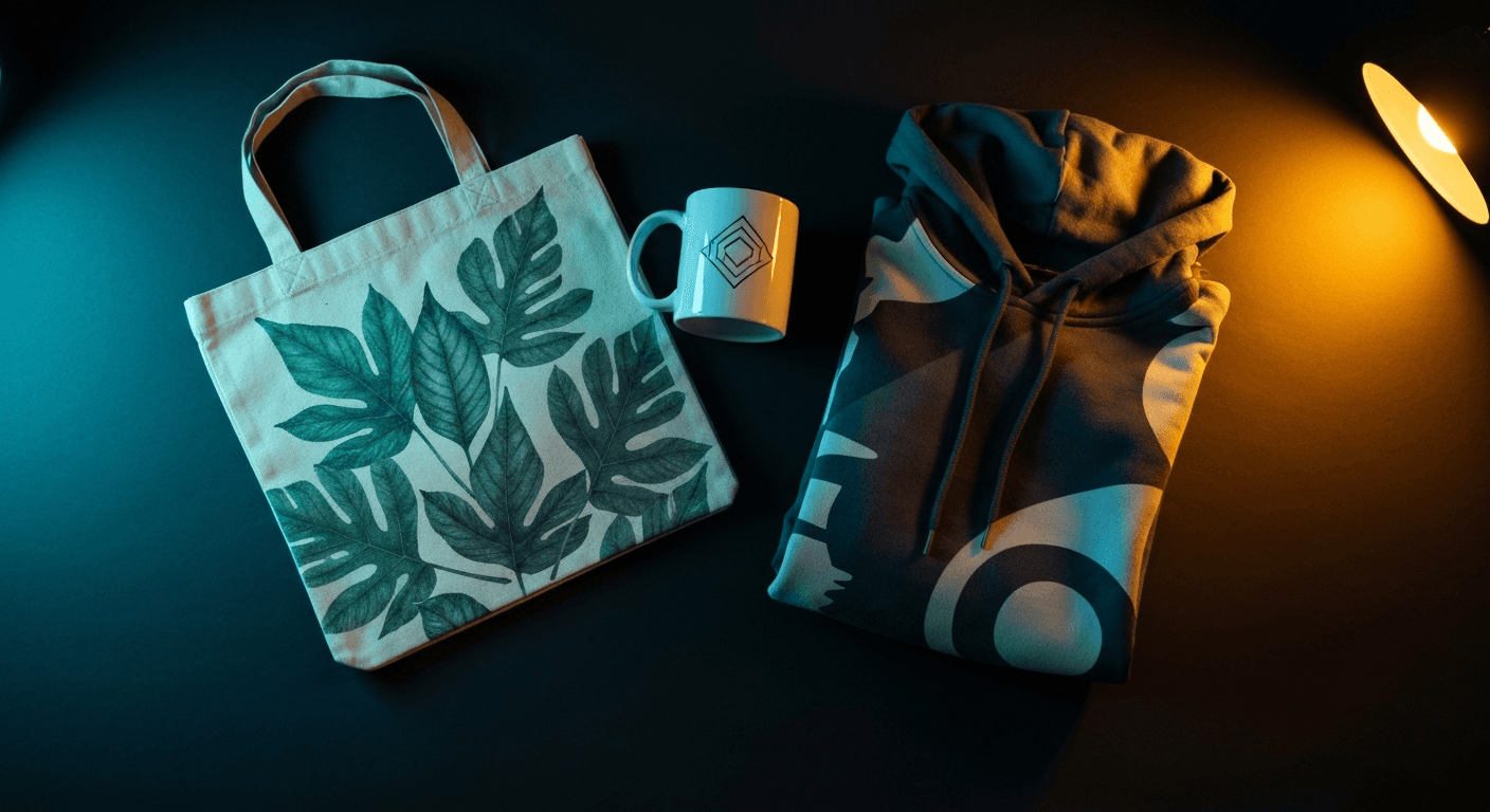 AI-generated editorial product photography flat lay of print-on-demand products: custom canvas tote bag with botanical print, white ceramic mug with geometric logo, and folded graphic hoodie on dark midnight-navy surface with cool cyan rim accent lighting and warm amber fill studio lighting