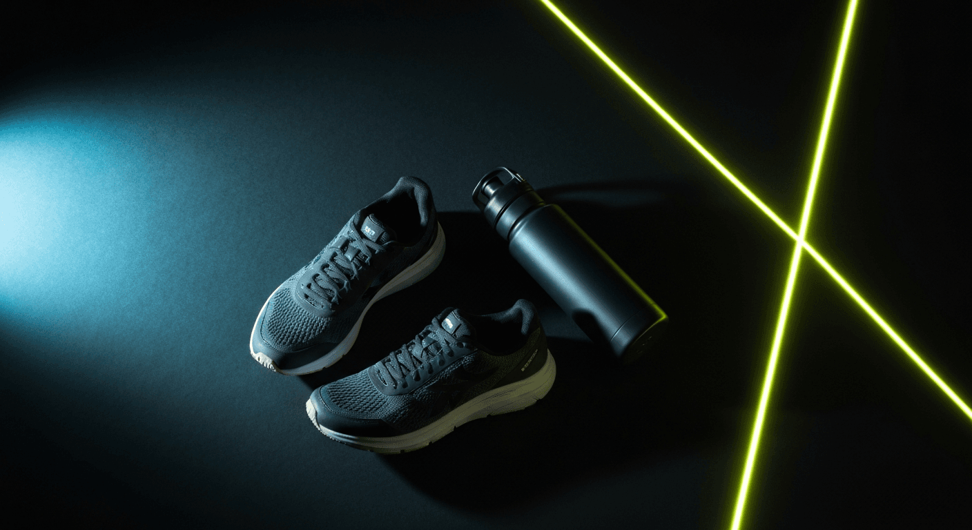 AI-generated flat-lay editorial photo of premium running shoes and fitness water bottle on dark midnight surface with cyan and chartreuse accent studio lighting