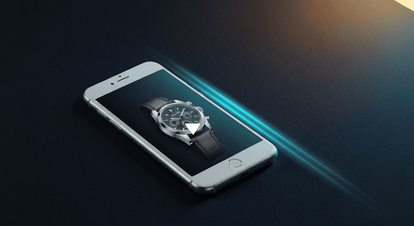 Silver smartphone on dark midnight-navy surface displaying a Shopify product video with cyan screen glow and warm amber studio lighting