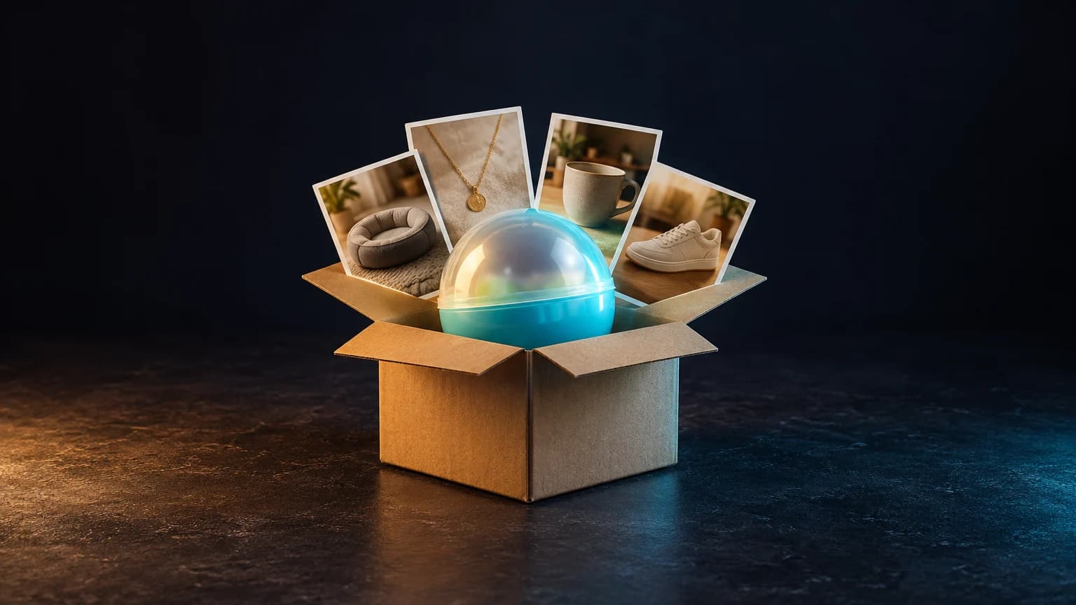 An open kraft shipping box holding a glowing cyan mystery capsule and four lifestyle product photos on a dark surface with amber and cyan lighting