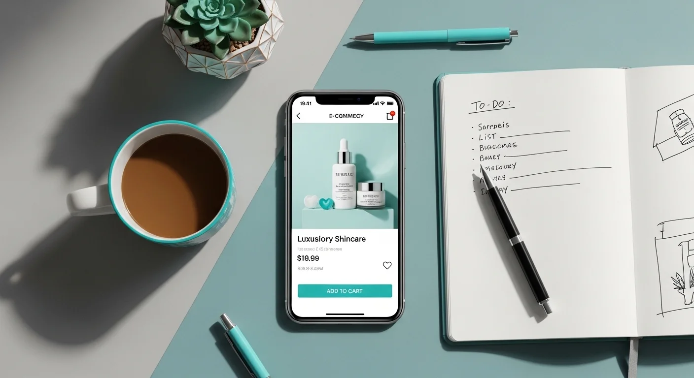 A highly detailed, professional product photography style flat lay showcasing multiple modern e-commerce elements like a smartphone showing a product page and a coffee mug