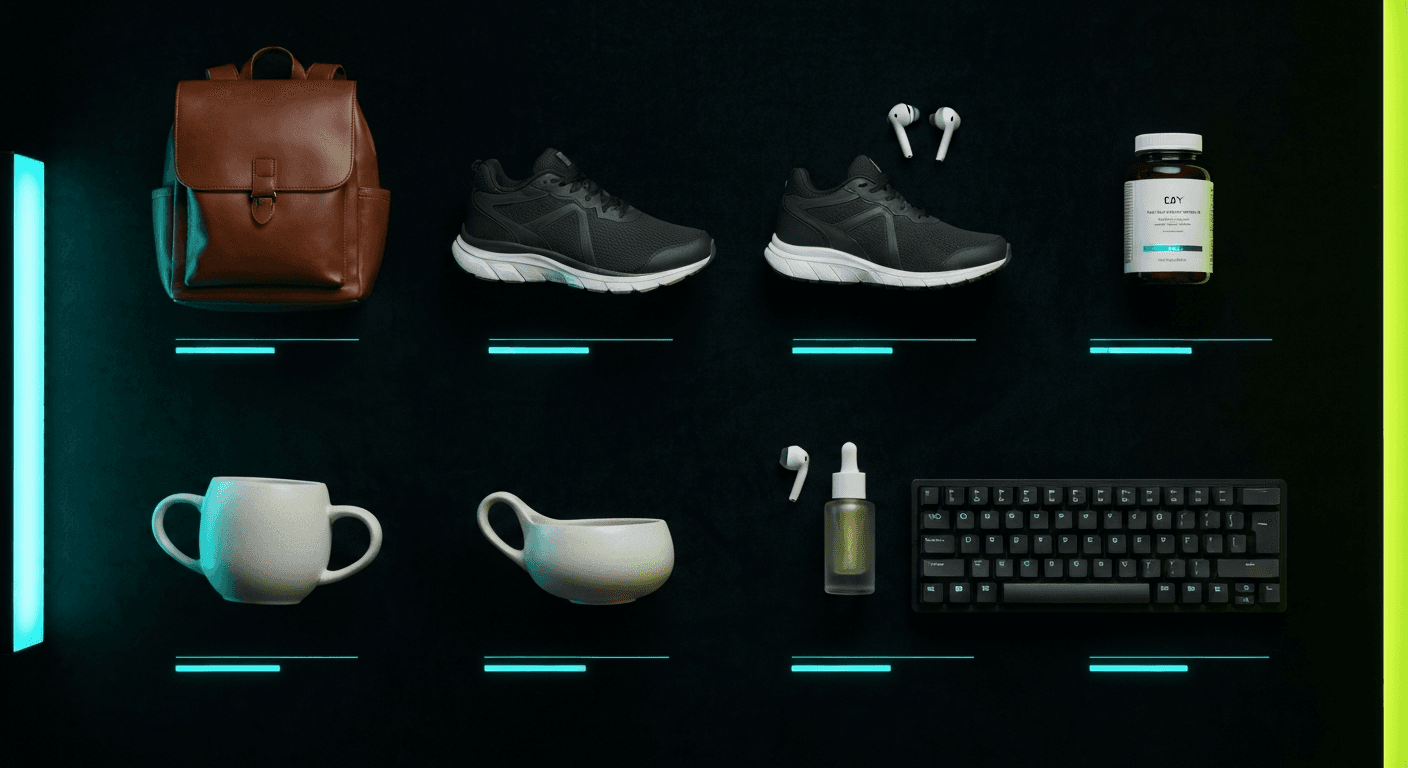 AI-generated editorial flat-lay top-down view of 8 diverse ecommerce products arranged in a grid on a dark midnight surface with cyan AI-processing indicators and chartreuse accent lighting, representing bulk AI product photography for Shopify catalogs