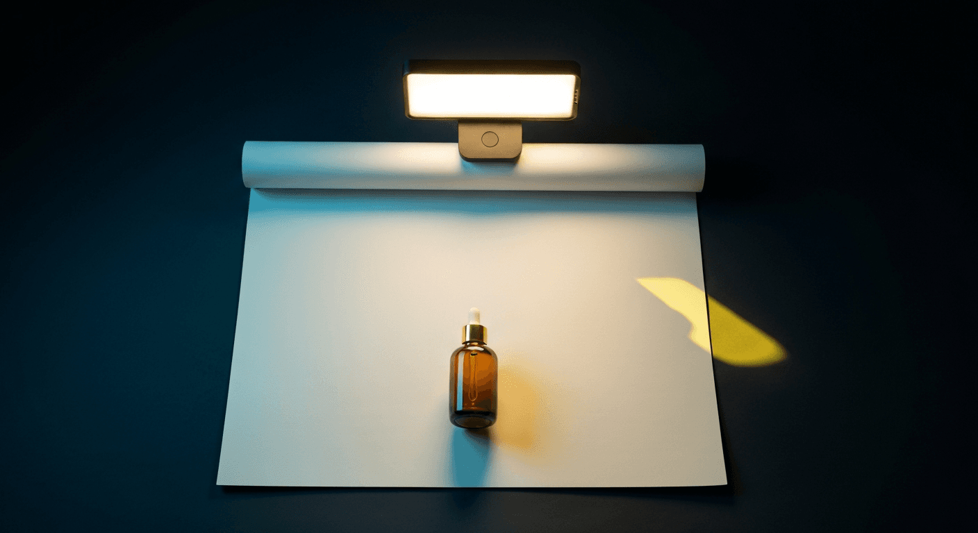 Editorial flat-lay of a DIY home product photography setup — smartphone on tabletop tripod, LED panel light, and white foam board background on dark midnight surface with cyan accent lighting