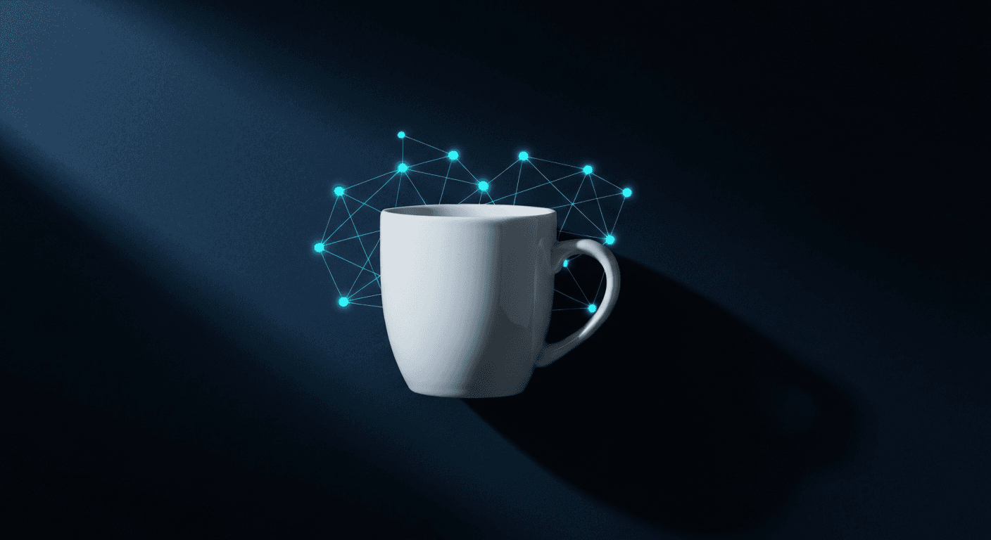 AI-generated ceramic coffee mug with cyan neural network visualization on a dark navy studio background