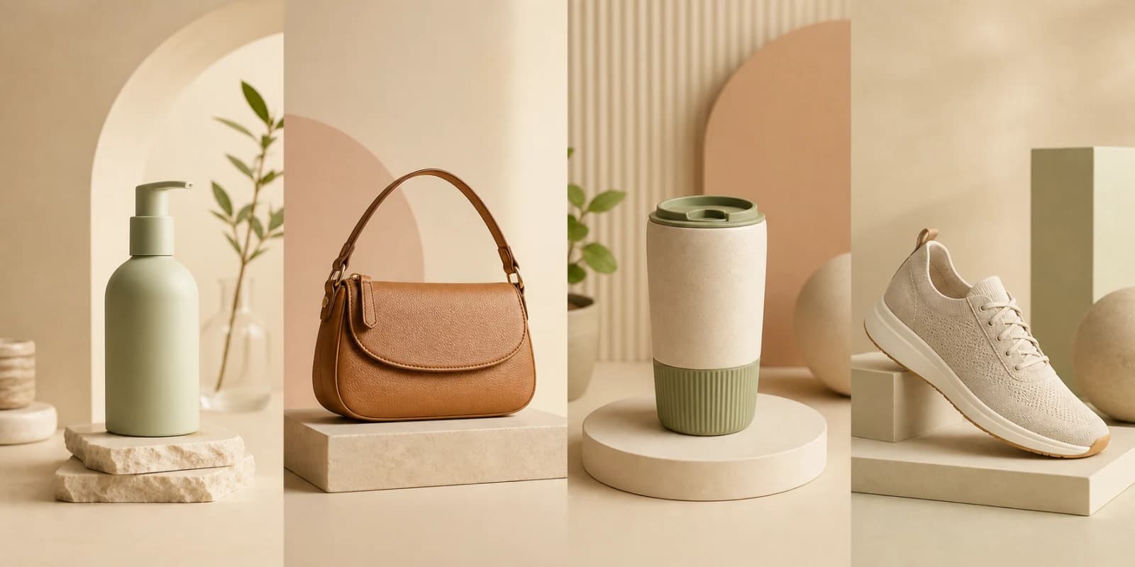 Four ecommerce products photographed in coordinated warm-neutral studio sets to represent Prodofoto Bulk Generation