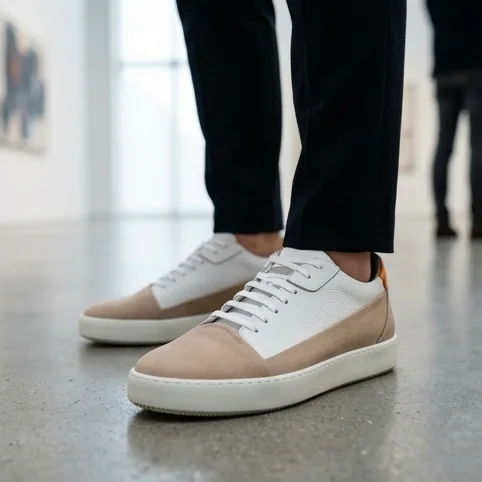 AI-generated lifestyle photo of designer sneakers showcasing Google Shopping image optimization for Shopify