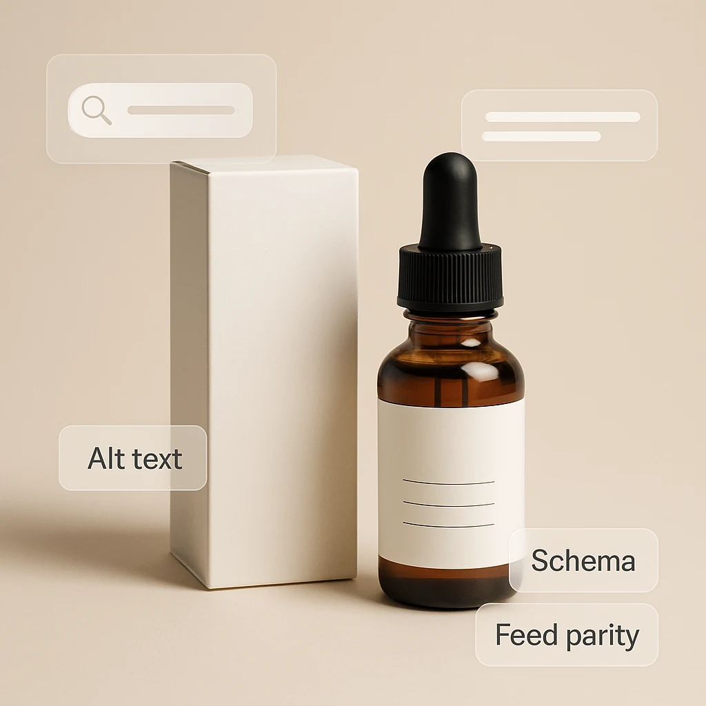 Shopify product image set prepared for AI shopping agents with hero, lifestyle, scale, and detail shots arranged in a checklist layout