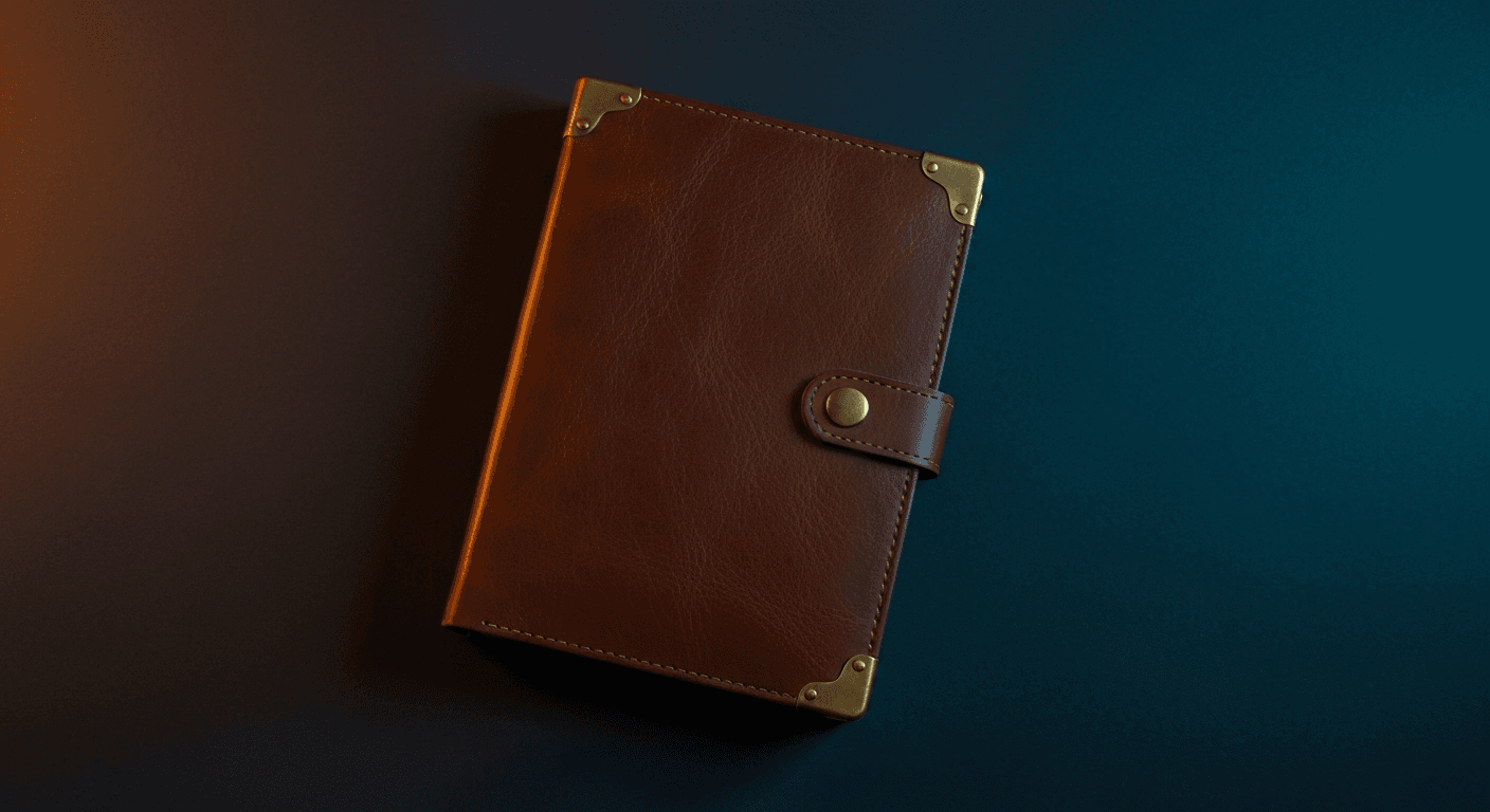 Premium brown genuine leather travel journal with brass corner hardware on dark midnight-navy background with cool cyan rim light and warm amber fill studio lighting, ecommerce product photography hero shot
