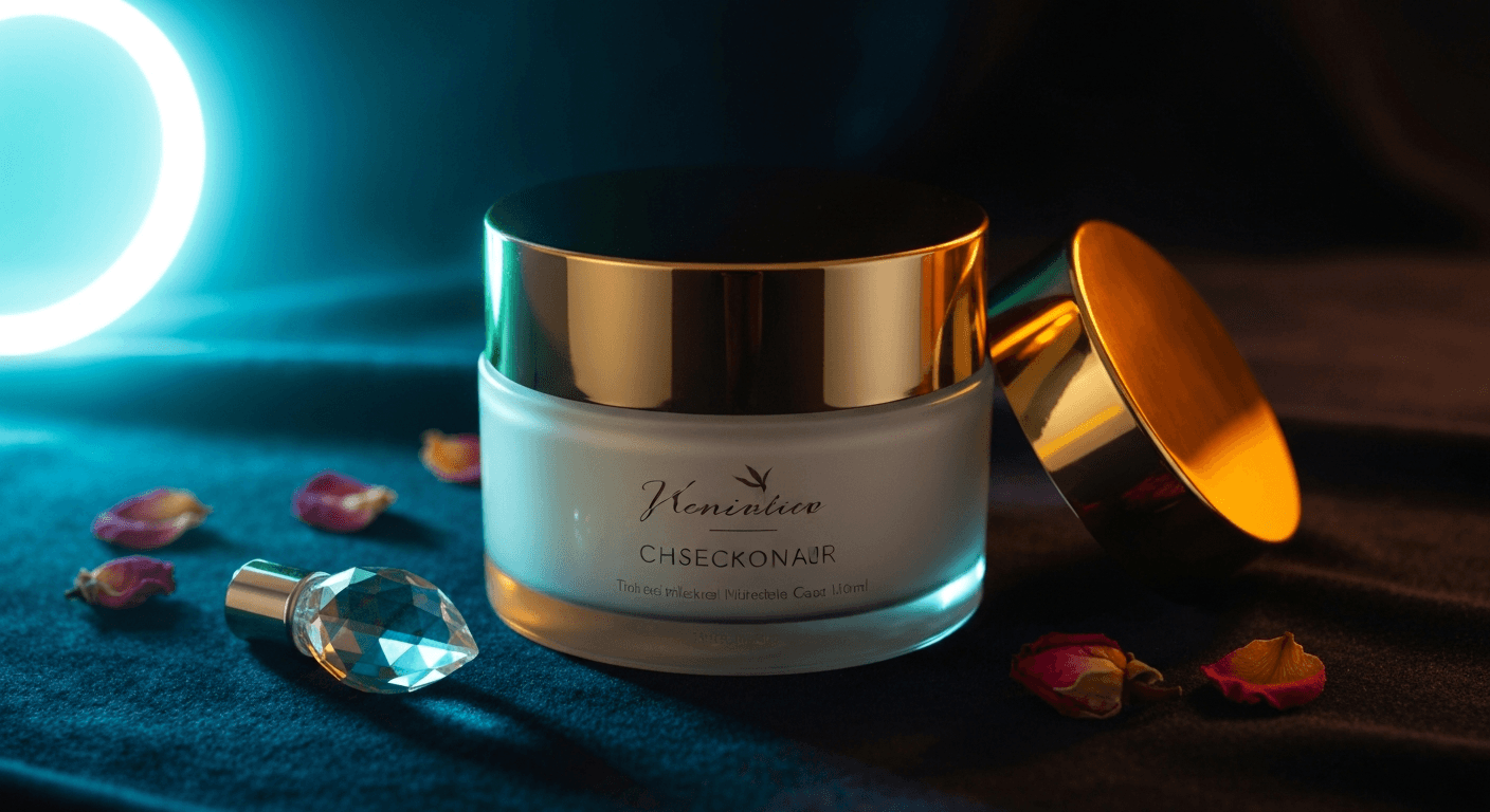 AI-generated editorial flat-lay of a premium white porcelain moisturizer jar with gold lid, dried flower petals, and crystal perfume atomizer on dark midnight-navy velvet with cool cyan rim light and warm amber fill studio lighting