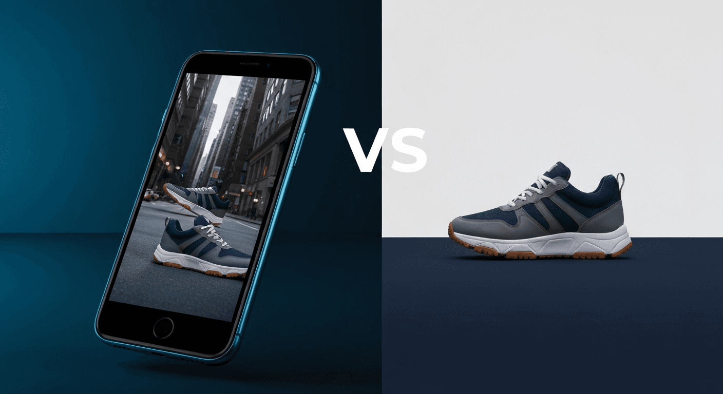 AI-generated split-composition comparing two AI product photography tools: smartphone displaying lifestyle product shot alongside clean studio product photo, dark midnight-navy background with cyan and amber accent lighting