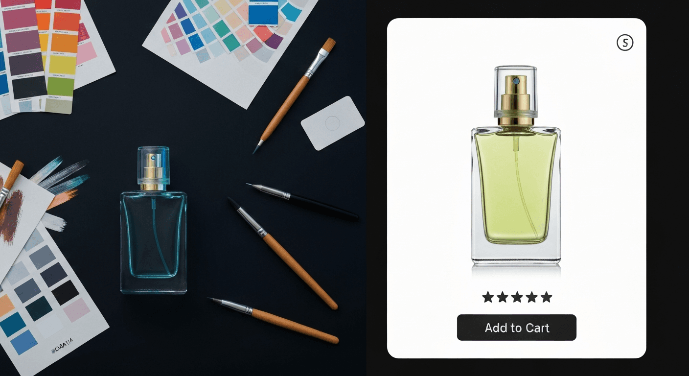 AI-generated split-scene concept showing a luxury perfume bottle on a dark midnight surface — creative design canvas on the left, Shopify product card on the right — with cyan and chartreuse studio accent lighting