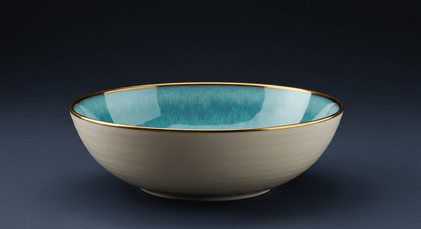 Premium handcrafted ceramic bowl with marble glaze and gold rim on dark slate surface with cool cyan rim lighting and warm amber accent, studio ecommerce product photography hero shot