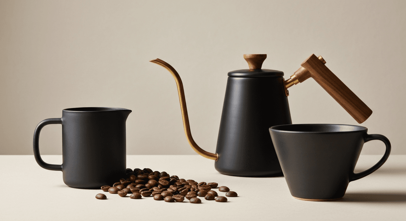 Premium artisan pour-over coffee brewing set with matte ceramic dripper on wooden stand, gooseneck copper kettle, glass server with amber coffee and scattered coffee beans on dark midnight-navy textured stone surface with cool cyan rim lighting and warm amber accent fill, studio ecommerce product photography hero shot