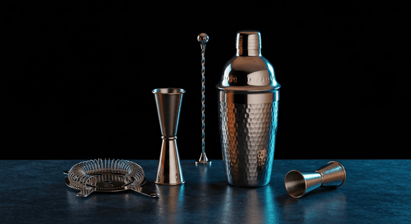 Premium stainless steel cocktail shaker bar set with hammered copper finish, elegant bar jigger and strainer on dark midnight-navy brushed stone bartop with cool cyan rim lighting and warm amber fill accent, studio ecommerce product photography hero shot