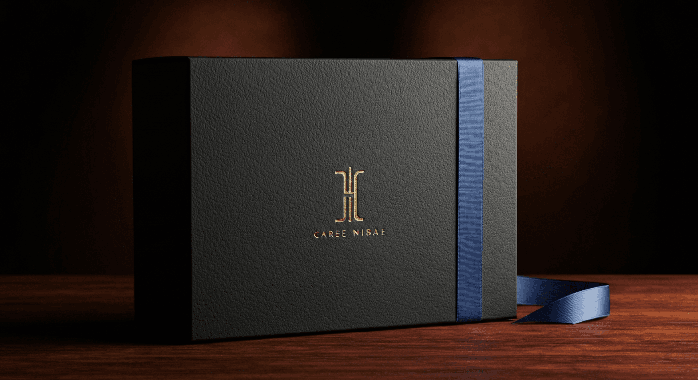 Premium matte black luxury gift box with gold foil embossed lettering and satin ribbon, product photography flat-lay on dark midnight-navy velvet with cool cyan rim lighting and warm amber fill accent, high-end ecommerce studio hero shot
