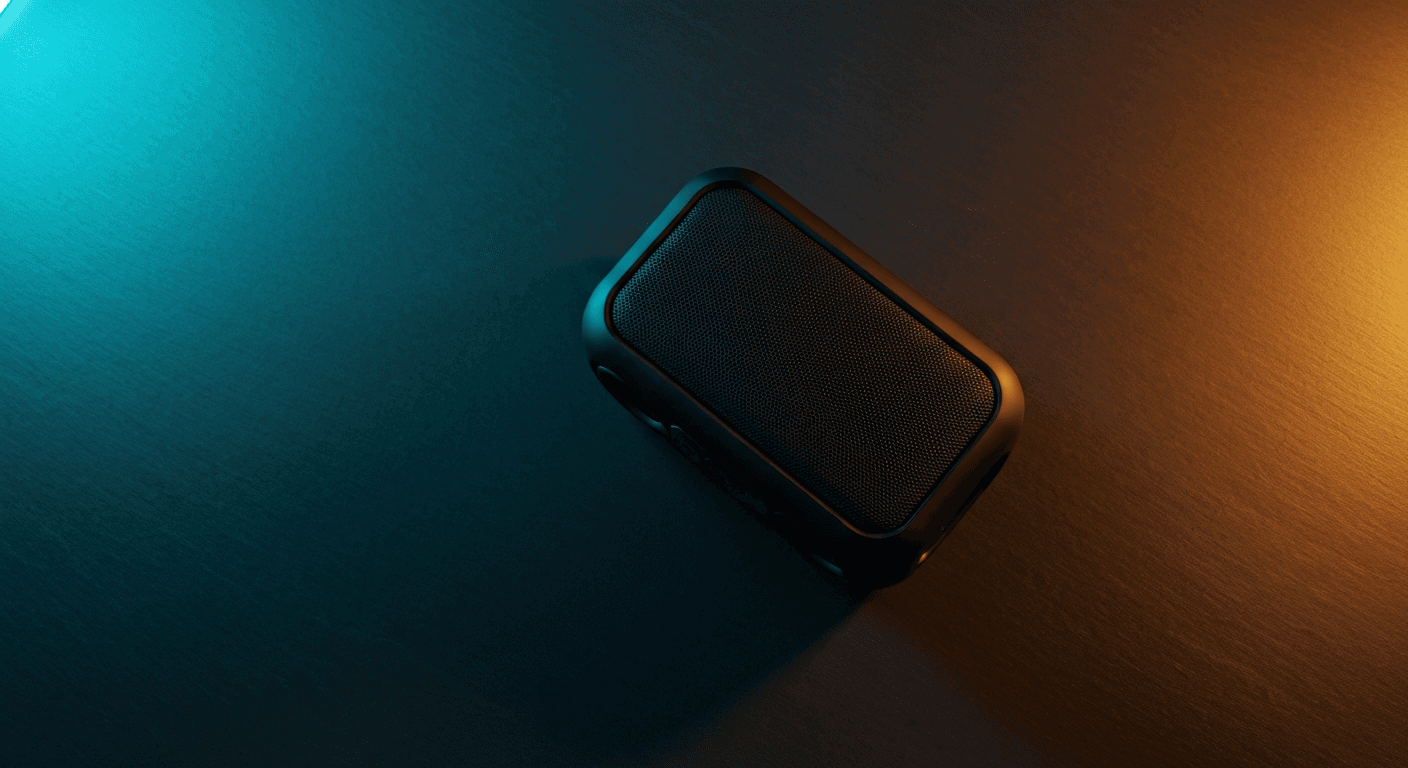 AI-generated editorial flat-lay of a premium matte black Bluetooth speaker on dark midnight-navy brushed stone surface with cool cyan and warm amber studio accent lighting