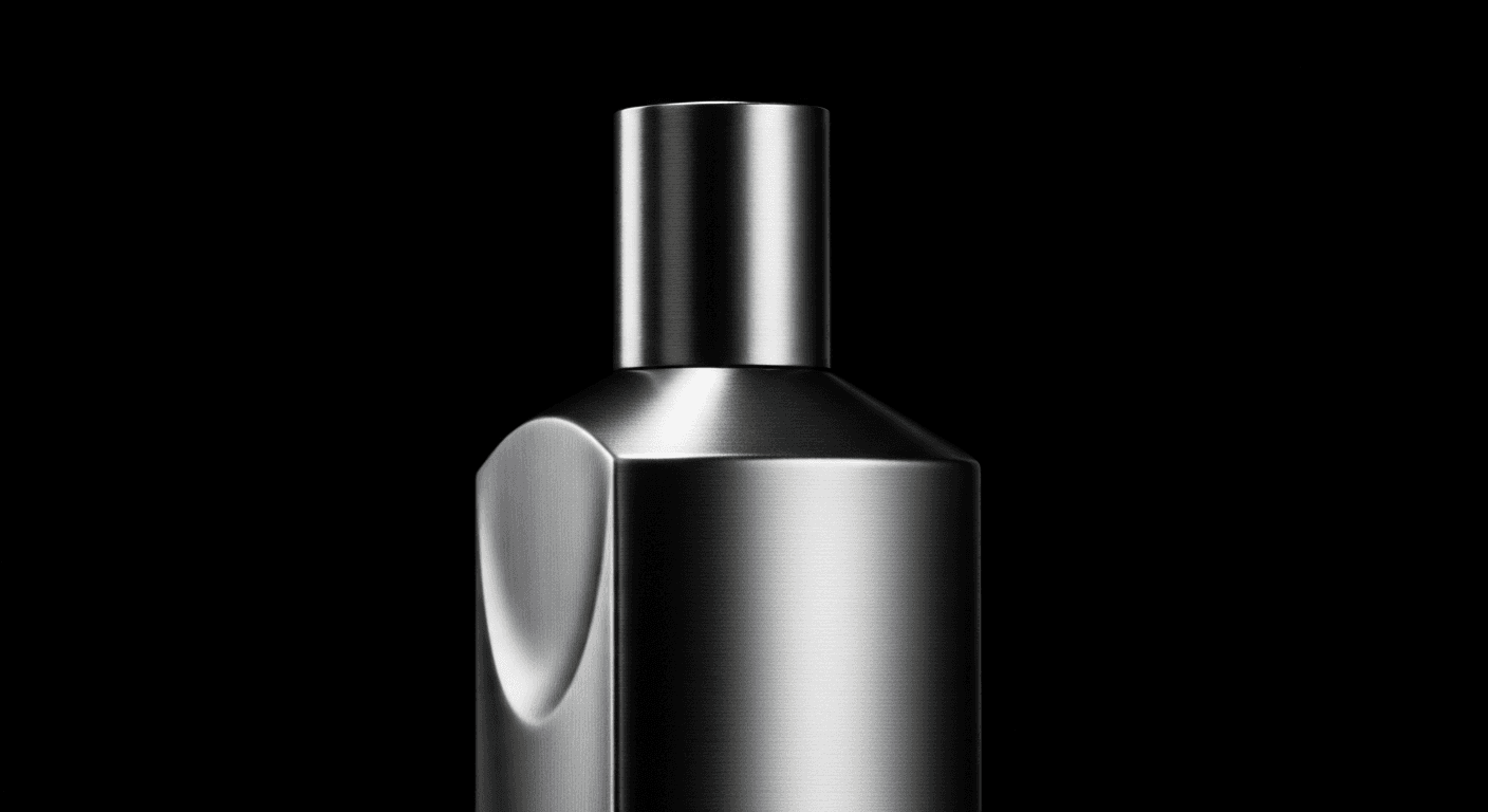 AI-generated editorial product photography flat-lay of a premium rose gold metallic perfume bottle on dark midnight-navy velvet surface with cool cyan rim lighting and warm amber fill studio accent lighting, luxury beauty fragrance ecommerce hero shot