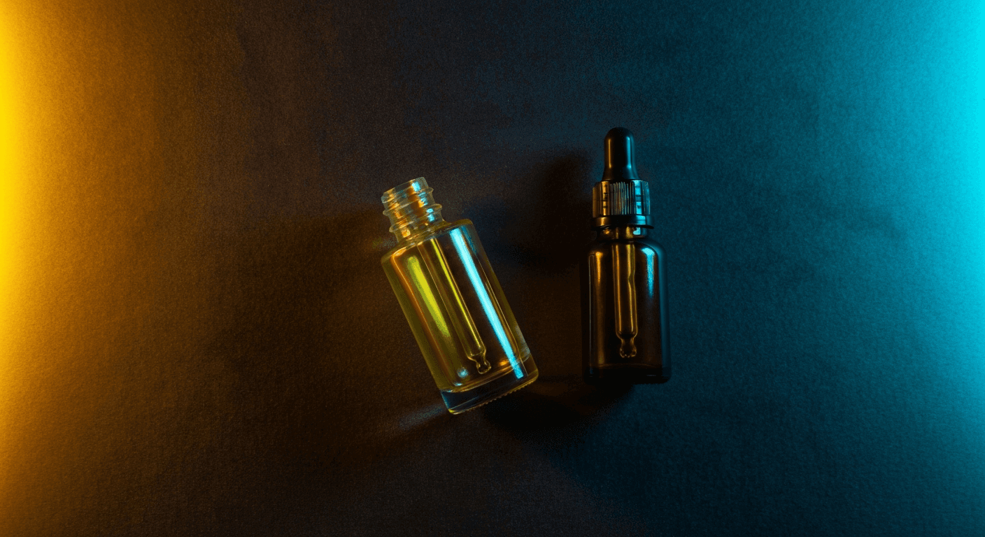 AI-generated editorial flat-lay of a premium glass skincare serum bottle and amber dropper bottle on dark midnight-navy velvet with warm amber and cyan accent studio lighting