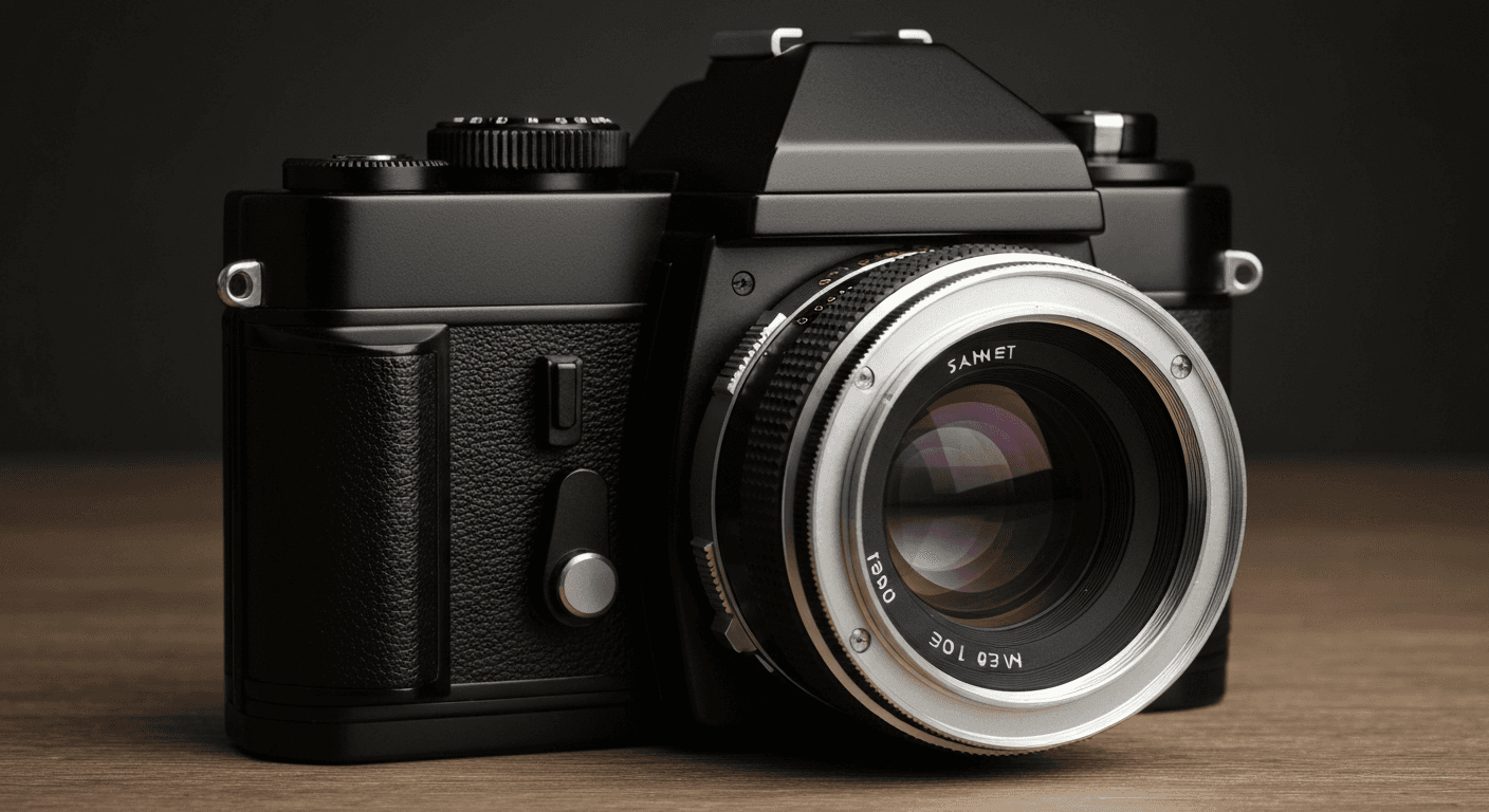 Vintage 35mm SLR film camera with black body and silver lens product photography flat lay on dark midnight-navy brushed slate surface with dramatic cool cyan rim lighting and warm amber fill accent, studio ecommerce product photography hero shot