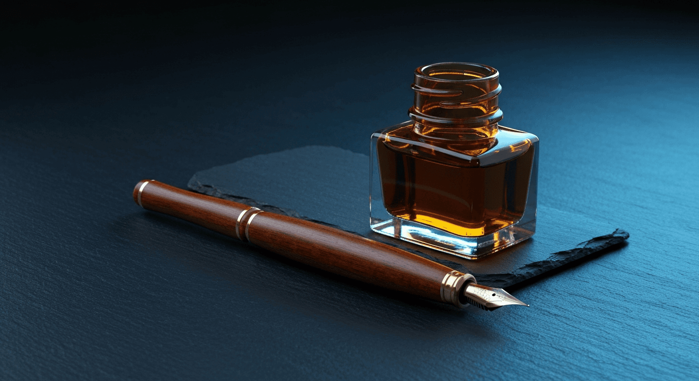 AI-generated premium calligraphy fountain pen set with amber ink bottle on dark midnight-navy brushed stone surface with cool cyan rim lighting and warm amber fill accent studio lighting