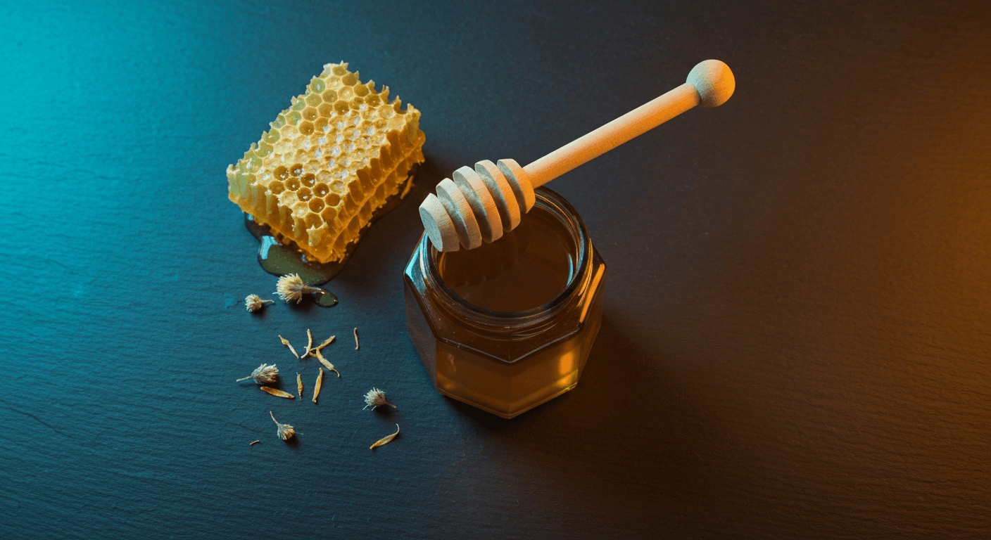 Premium raw organic honey in amber glass hexagonal jar with wooden honey dipper and golden honeycomb on dark midnight-navy brushed stone surface with warm amber fill and cool cyan rim studio lighting, ecommerce product photography hero shot