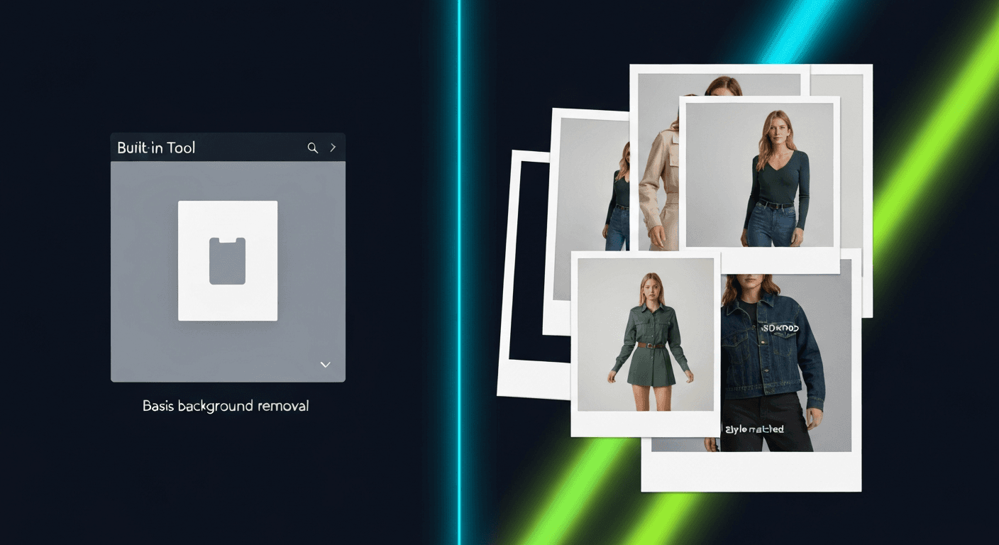 AI-generated split-panel concept comparing two approaches to Shopify product photography: minimal built-in background editing on the left versus rich multi-mode commercial photography studio on the right, dark midnight-navy background with cyan and chartreuse accent lighting