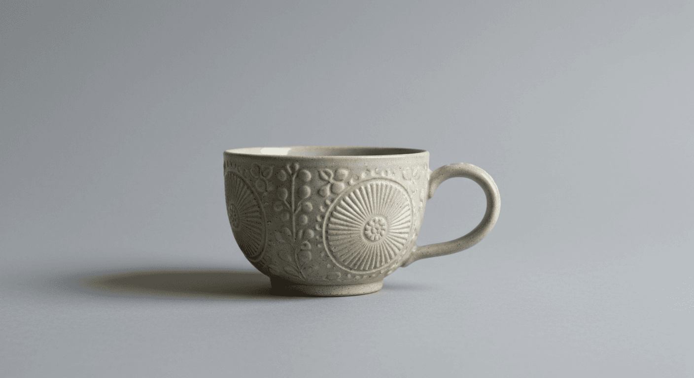 AI-generated editorial product photography flat-lay of a premium Japanese cast iron tetsubin teapot with matte black finish and red interior, surrounded by three matching cast iron tea cups, on dark midnight-navy brushed stone surface with dramatic cool cyan rim lighting and warm amber fill accent, studio hero shot for ecommerce