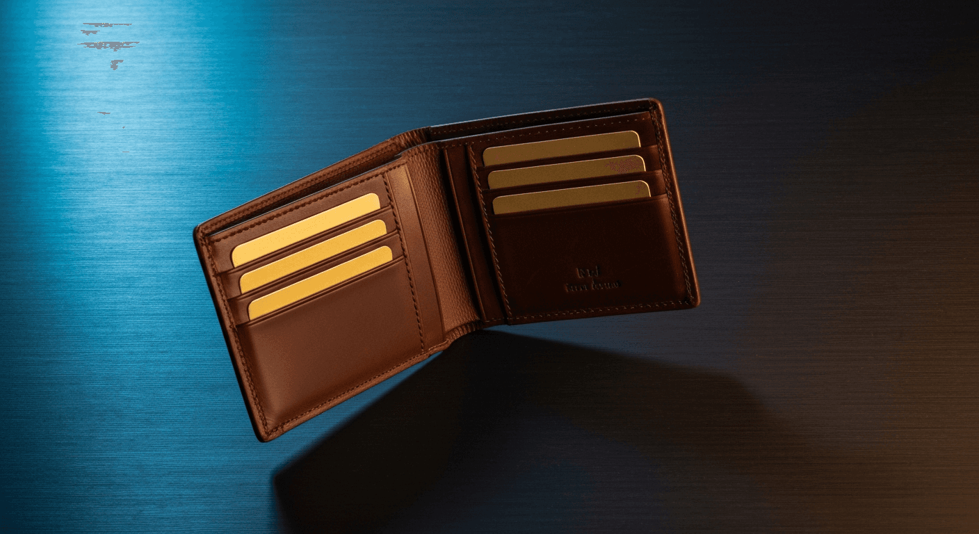 Premium full-grain dark cognac brown leather bifold wallet slightly open showing gold card slots on dark midnight-navy brushed stone surface with cool cyan rim lighting and warm amber fill accent studio lighting, ecommerce product photography hero shot