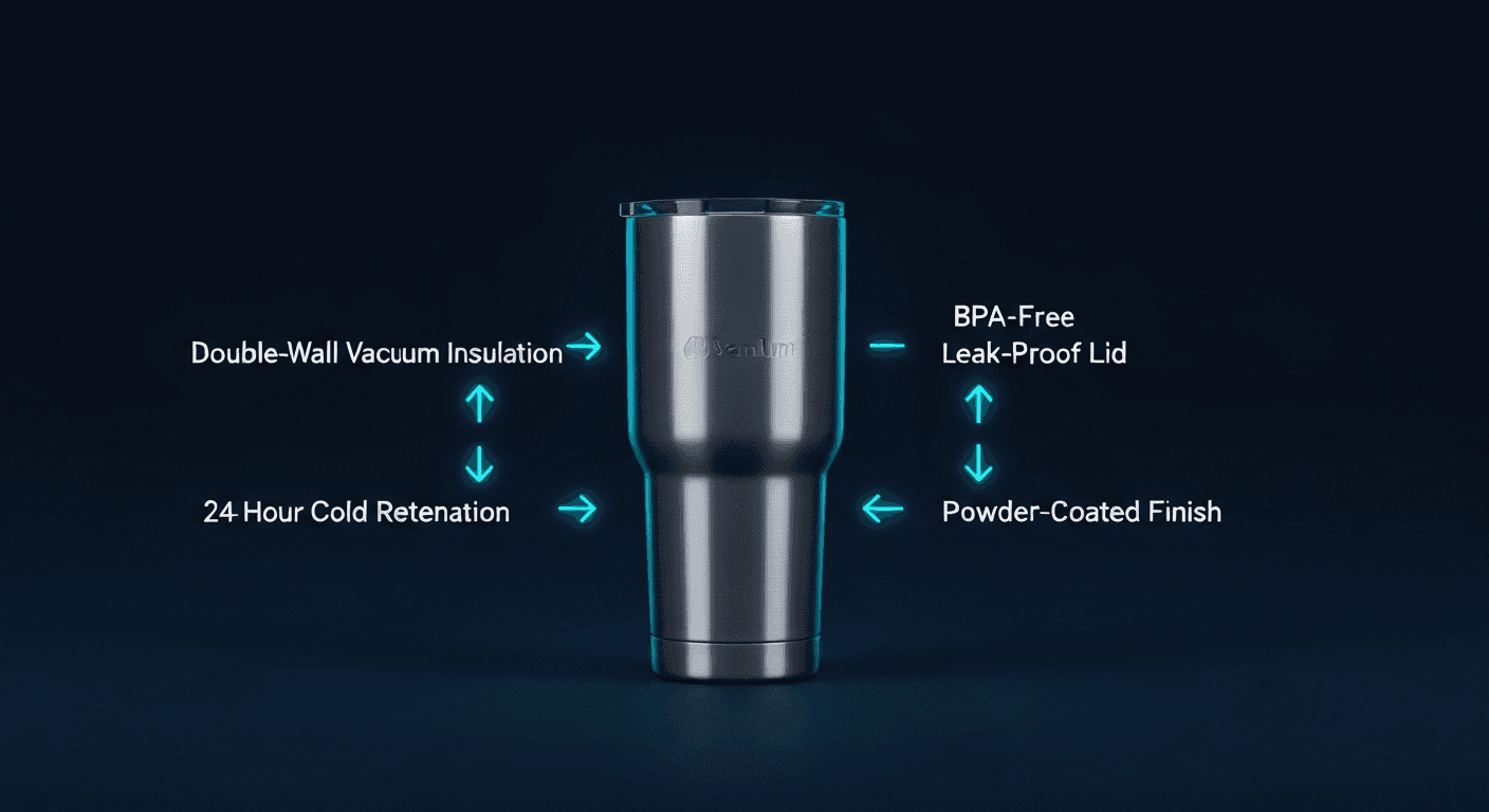 AI-generated product infographic photograph of a premium stainless steel insulated tumbler on dark midnight-navy background with cyan callout annotation arrows pointing to labeled features: double-wall vacuum insulation, BPA-free leak-proof lid, 24-hour cold retention, and powder-coated finish