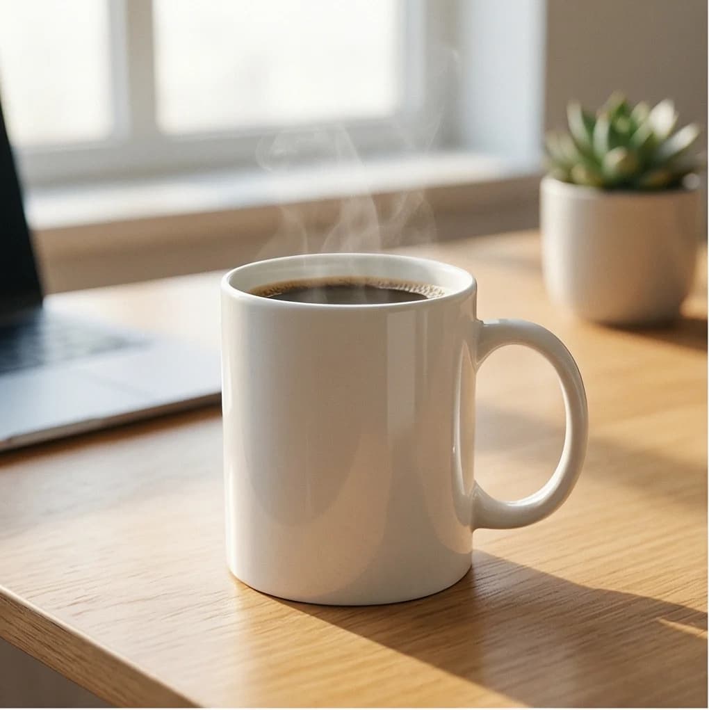AI-generated lifestyle photo of a ceramic coffee mug in a warm kitchen setting