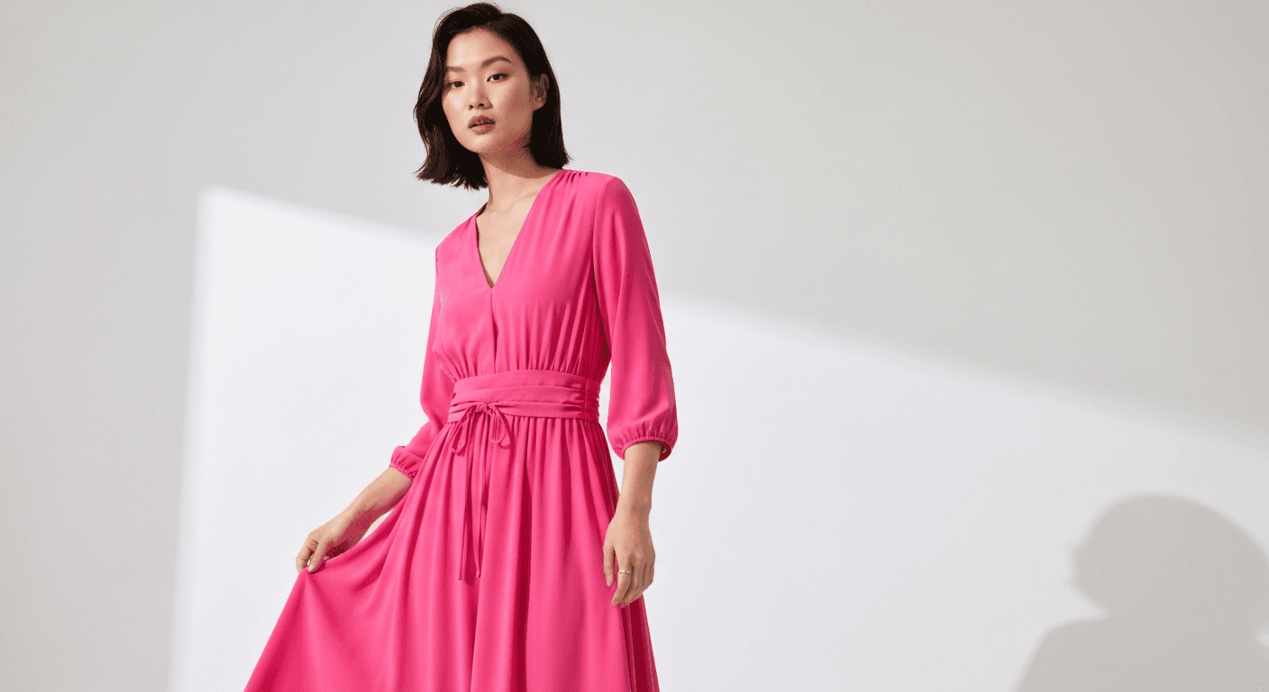 AI-generated editorial fashion photo of a dress on an elegant model in a dark studio setting with cyan lighting accents, demonstrating AI on-model product photography for Shopify