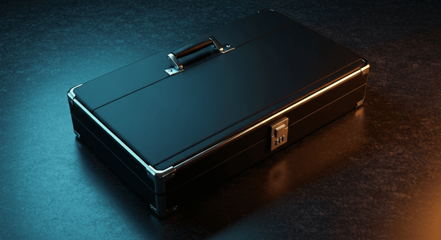 Premium matte black hardshell executive laptop briefcase with combination lock and polished chrome corners on dark midnight-navy brushed granite surface with cool cyan rim lighting and warm amber accent fill, professional B2B catalog photography hero shot